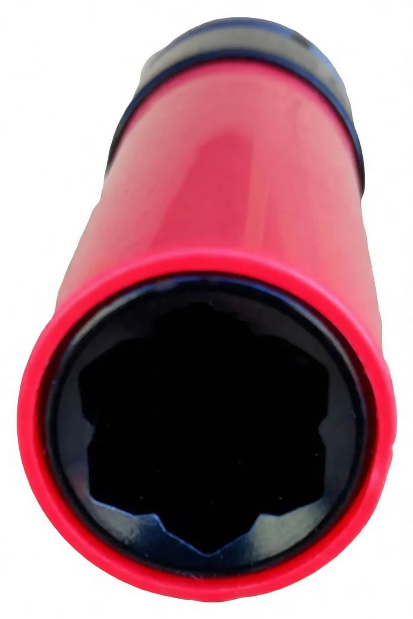 Close-up of the socket mouth showing multi-lobed internal spline and red outer sleeve rim.