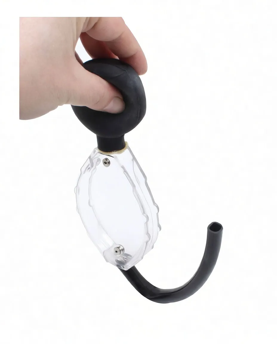 Hand squeezing rubber bulb of clear antifreeze tester showing internal indicator and black hose