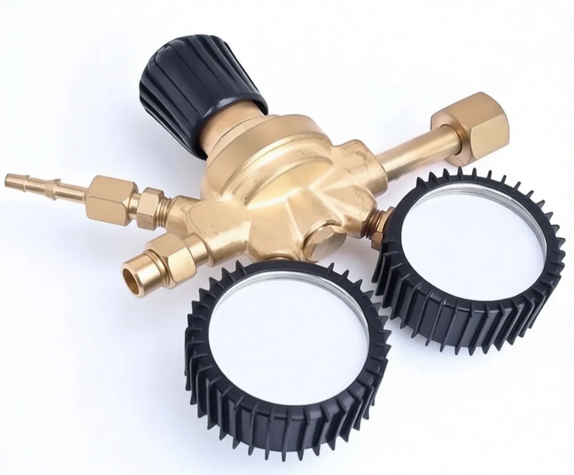 Angled close-up of brass welding regulator showing two gauges, main adjustment knob, inlet fitting and hose barb
