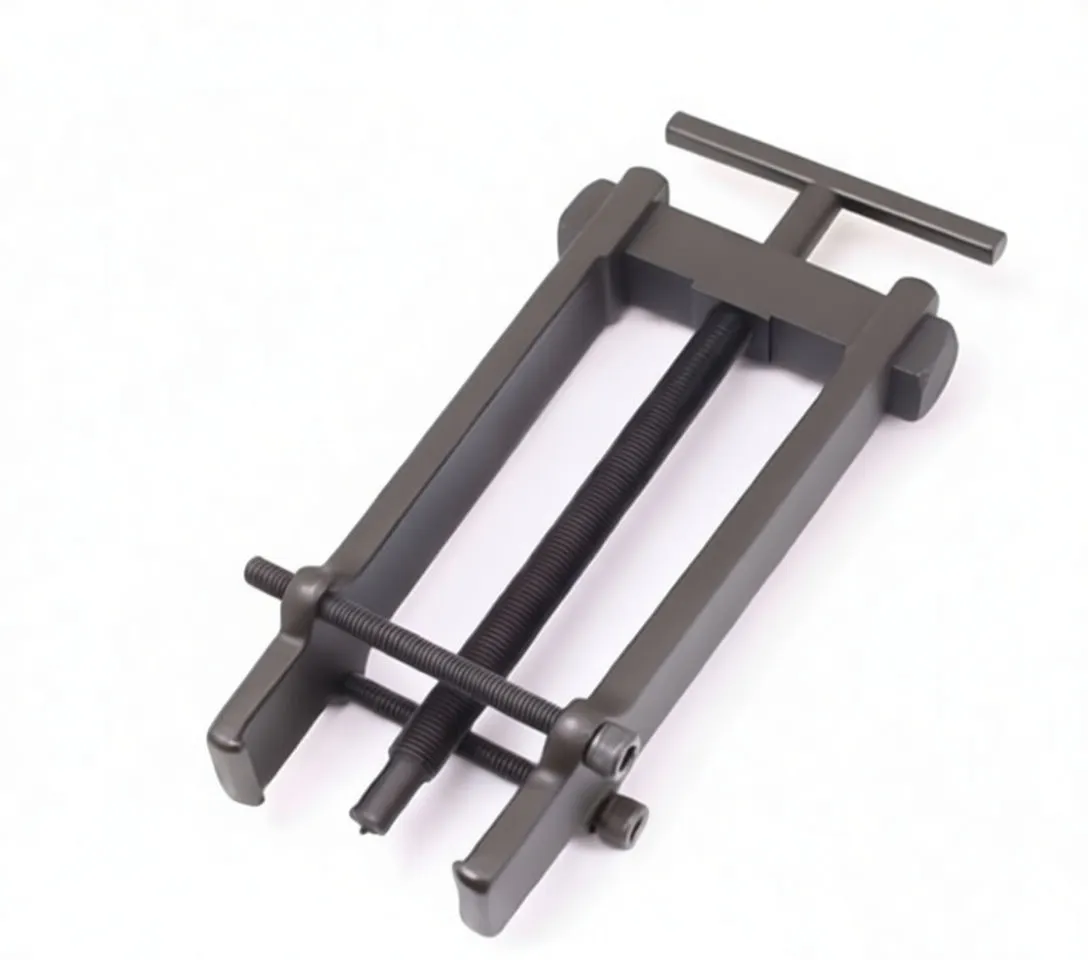 Extended view of metal two-jaw armature/bearing puller with long parallel arms, central threaded screw, T-handle and adjacent L-shaped hex key.