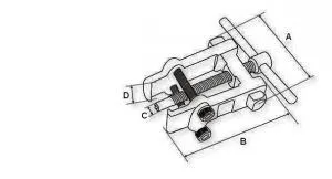 Technical diagram of two-jaw puller with labeled dimensions A, B, C1, D showing jaws, central screw and T-handle.