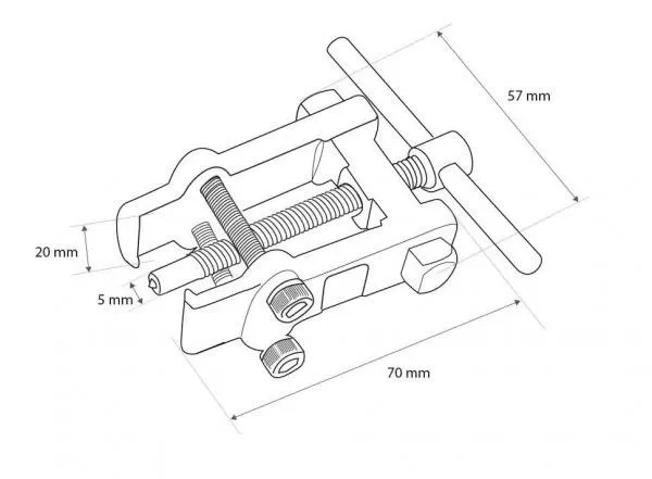 Technical diagram of armature bearing puller with dimensions in millimetres showing jaws, central screw, T-handle and pin sizes
