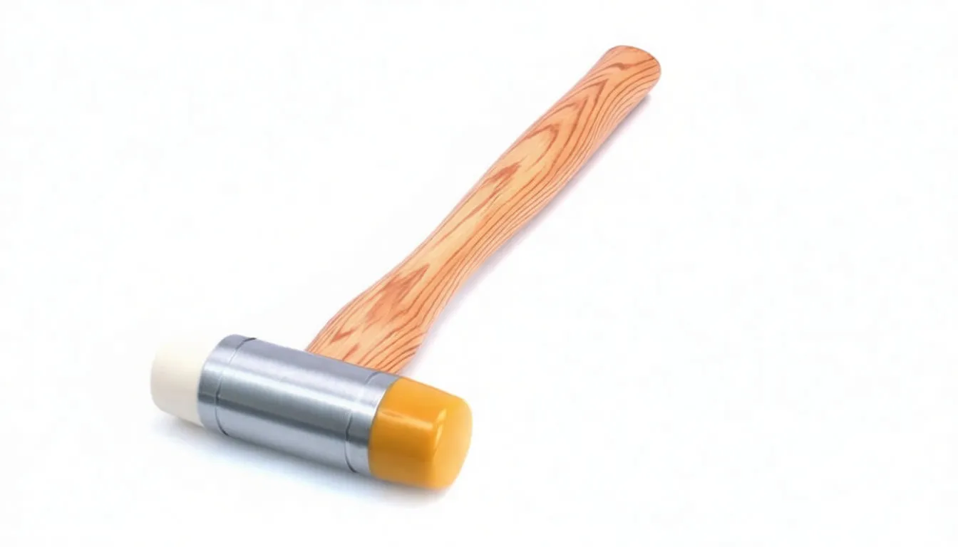 Assembly hammer with white and yellow soft faces, metal head sleeve with side opening, and a varnished wooden handle stamped 'GENUINE HICKORY'.