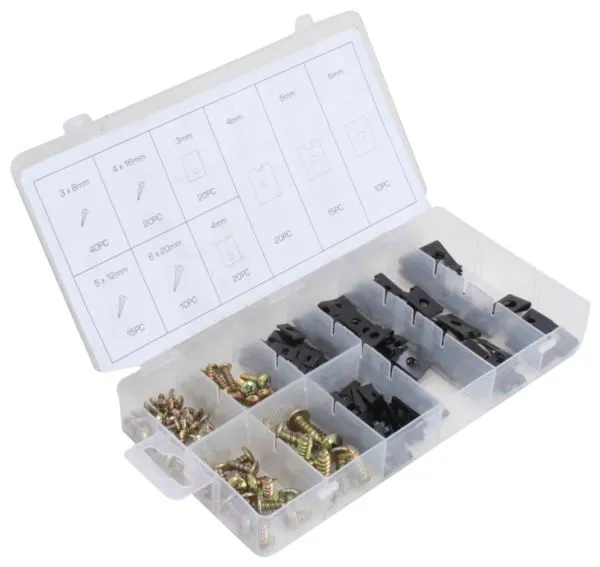 Angled shot of transparent storage box with compartments of gold screws and black square clip-nuts, lid with printed size/quantity labels visible.