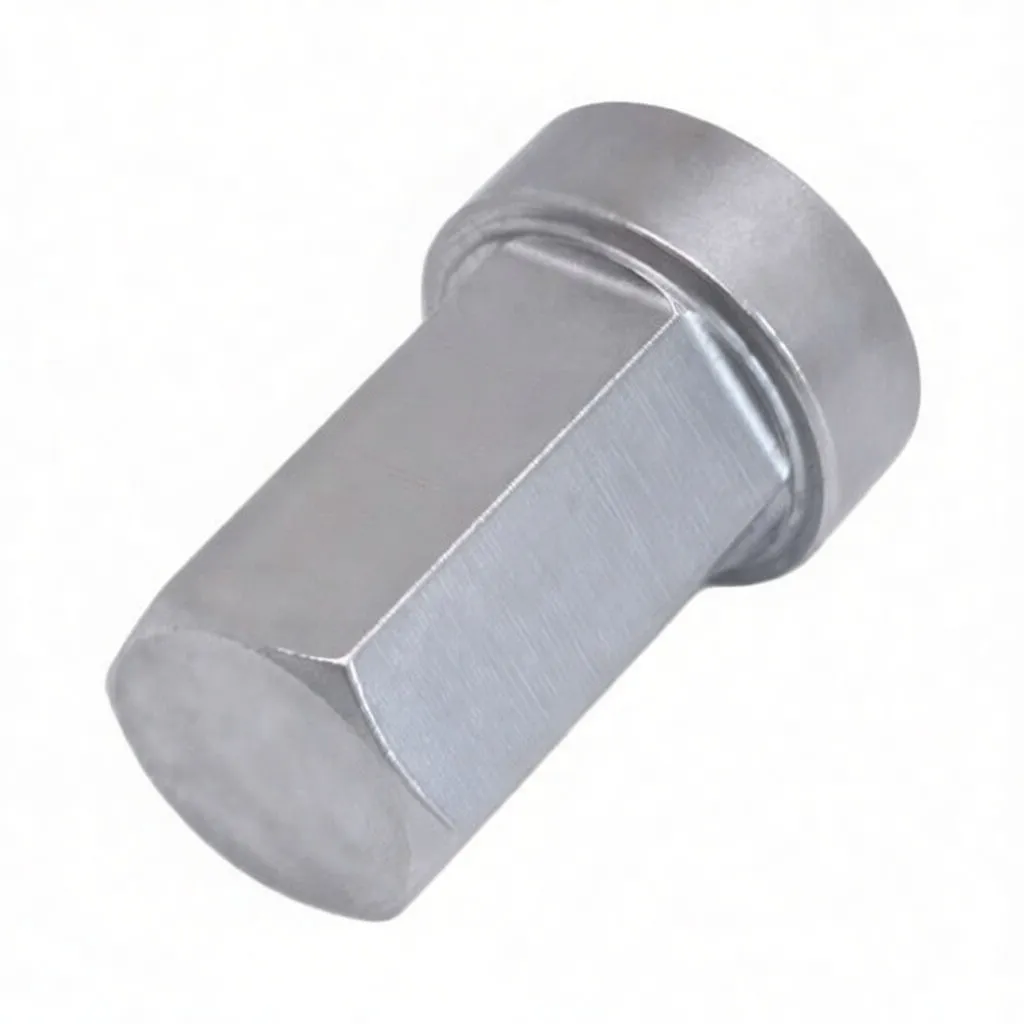 Three-quarter side view of metal socket showing hexagonal shank, closed end, raised flange and stamped marking on the body