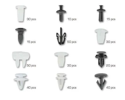 Chart of twelve trim clip illustrations with quantity labels (various push rivets, U-clips and Christmas-tree fasteners, totaling 370 pcs)