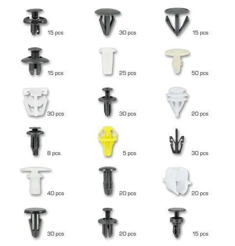 Grid chart of clip silhouettes with piece counts per type (numbers like 15 pcs, 30 pcs, 50 pcs etc.) totaling 418 pieces, including a small yellow clip image.