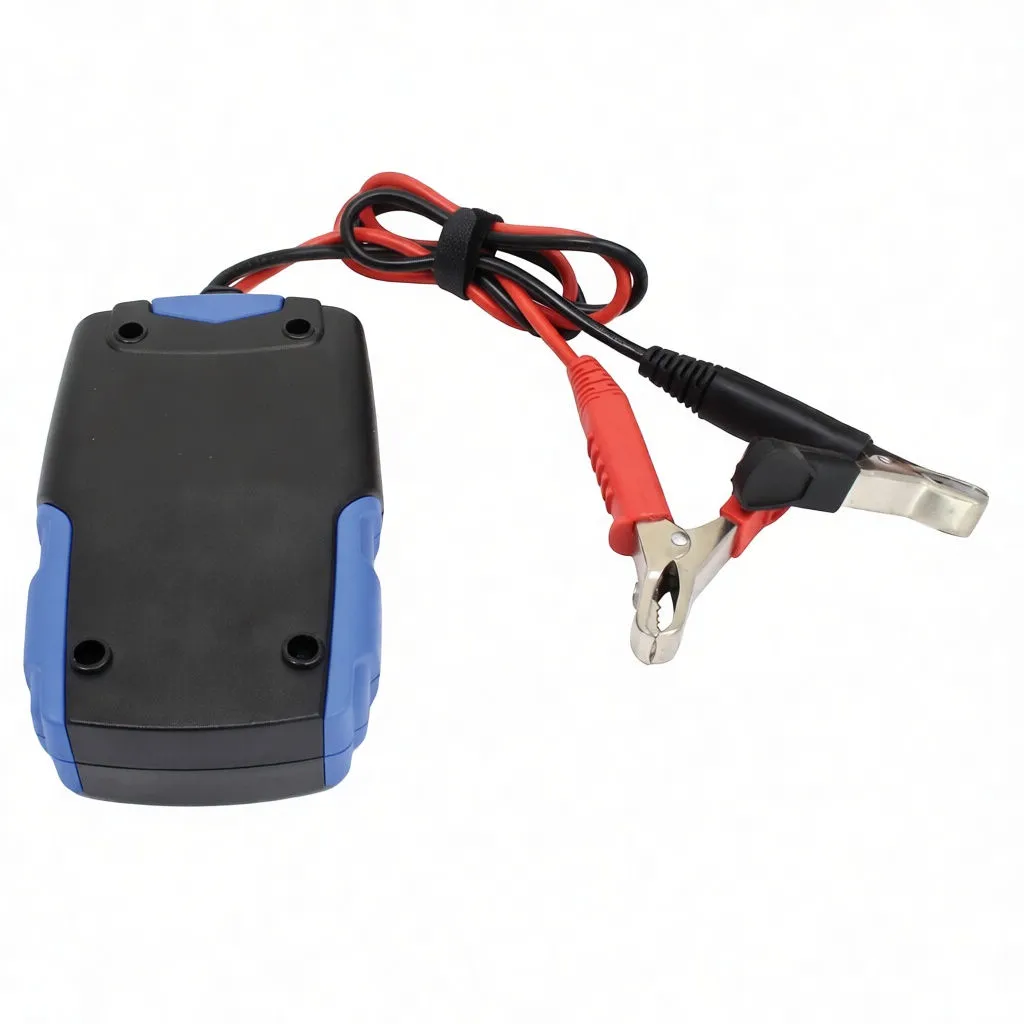 Back of battery tester with printed specification label, blue side grips, molded code C072023 and red/black clamps