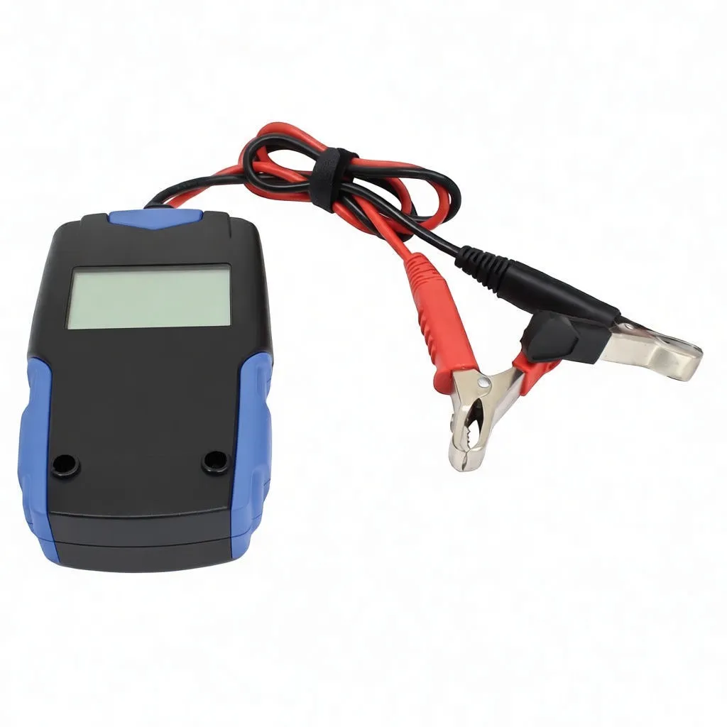 Battery tester connected to a black car battery with clamps on terminals, display showing a numeric reading