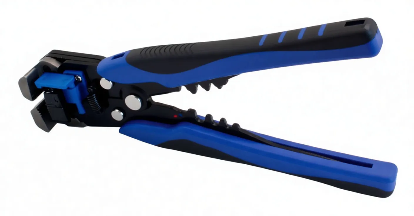 Side view of blue-black automatic wire stripper with visible gauge markings and 'satra' brand