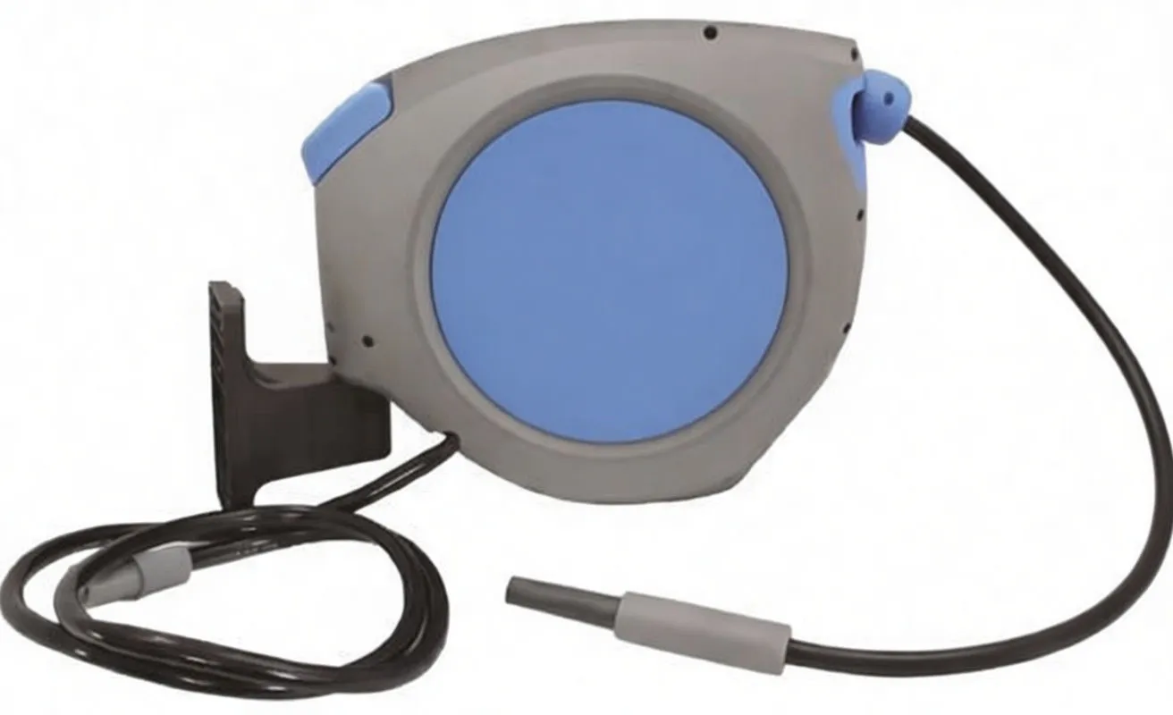 Side view of gray and blue ASTA water hose reel mounted on a black bracket with black hose and white nozzle extended.