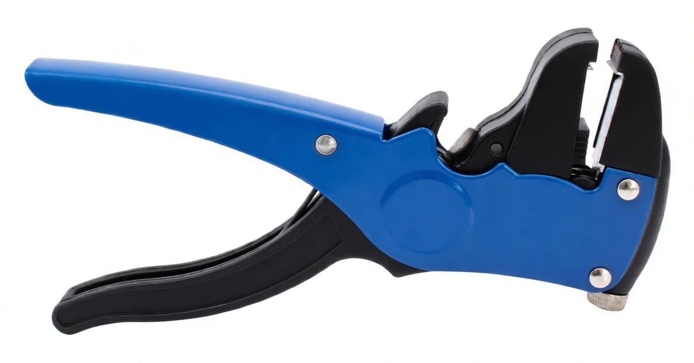 Open profile of blue and black automatic wire stripper showing jaws and wire size markings