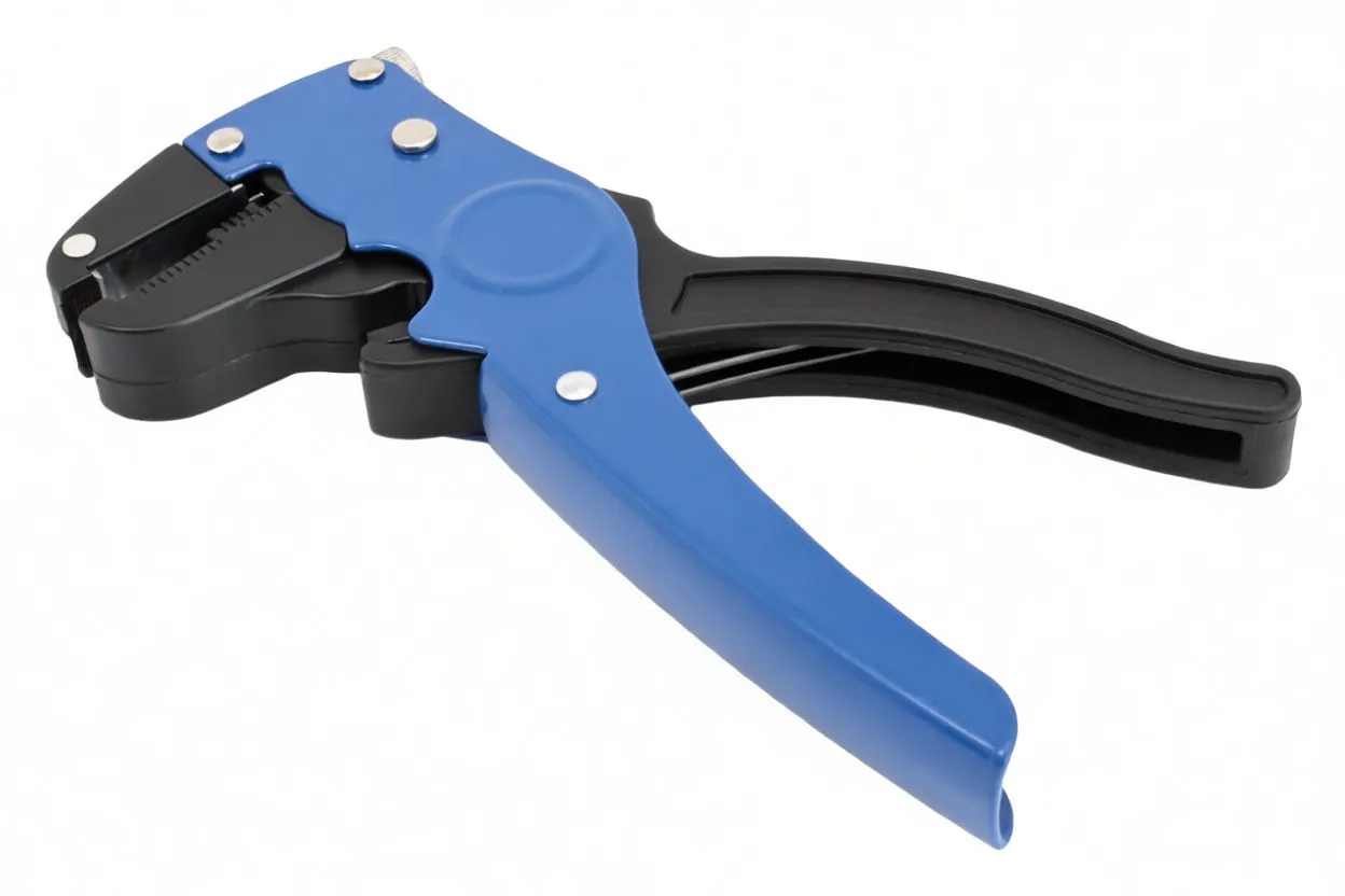 Angled view of automatic wire stripper showing handles, spring and jaw tip with ASTA branding