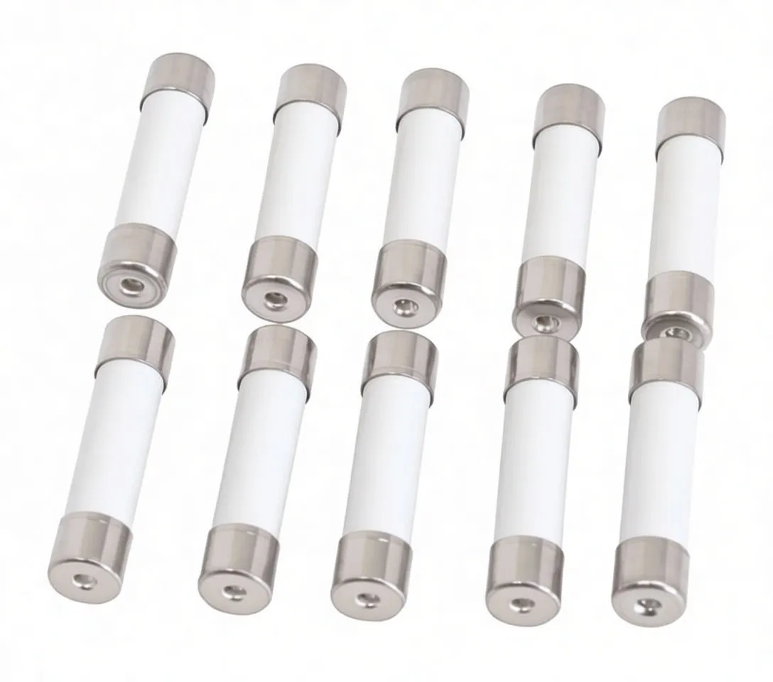 Rows of cylindrical lead-free automotive fuses with white labels and metal end caps showing amp ratings
