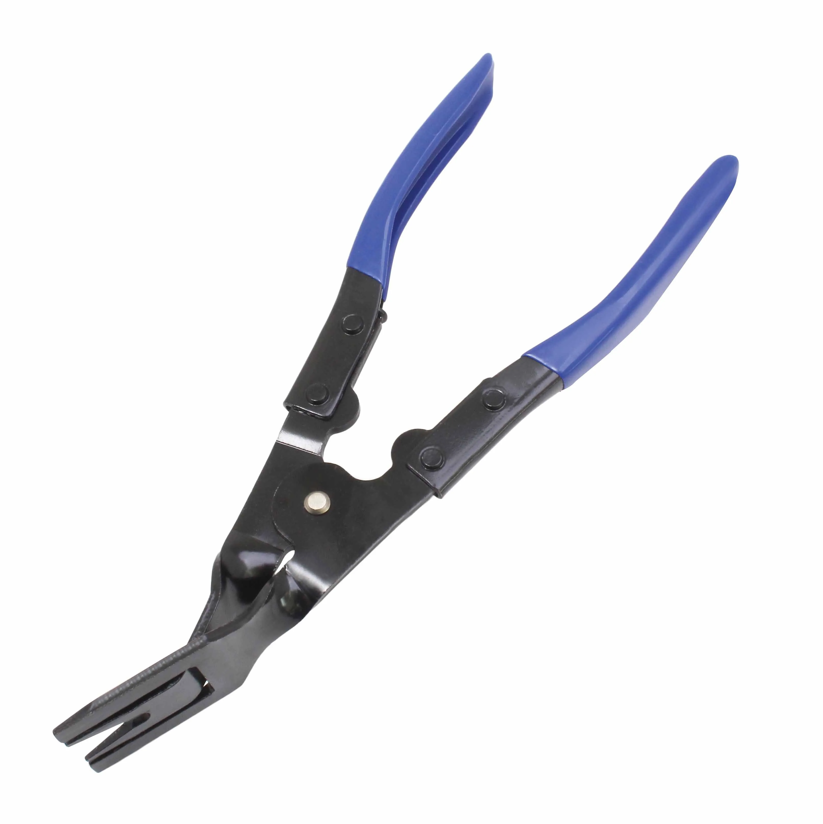 Top-down view of clip removal pliers with blue grips and forked black jaws.