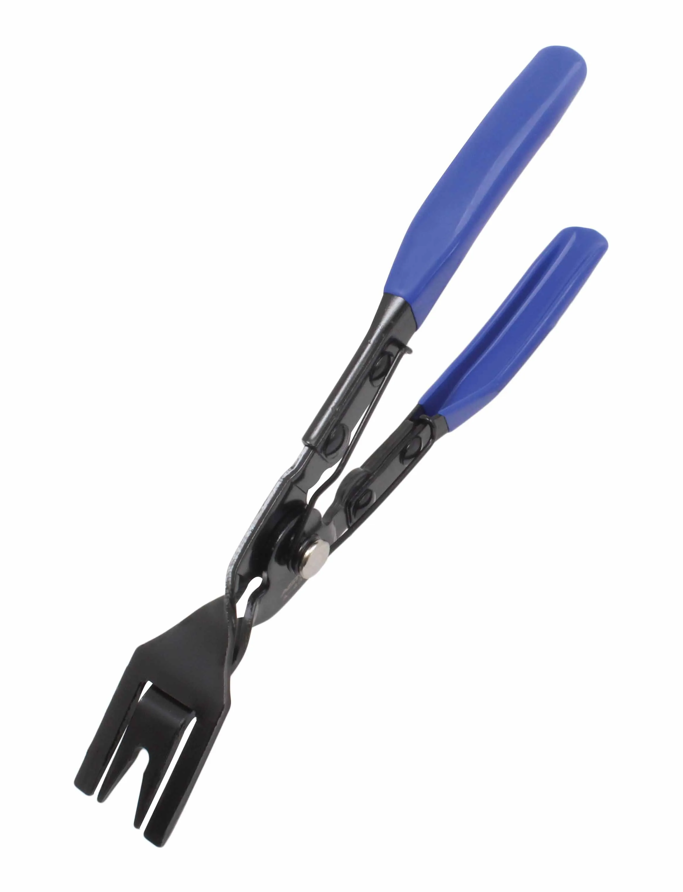 Full-length angled image of black clip removal pliers with blue ergonomic handles and forked jaws.