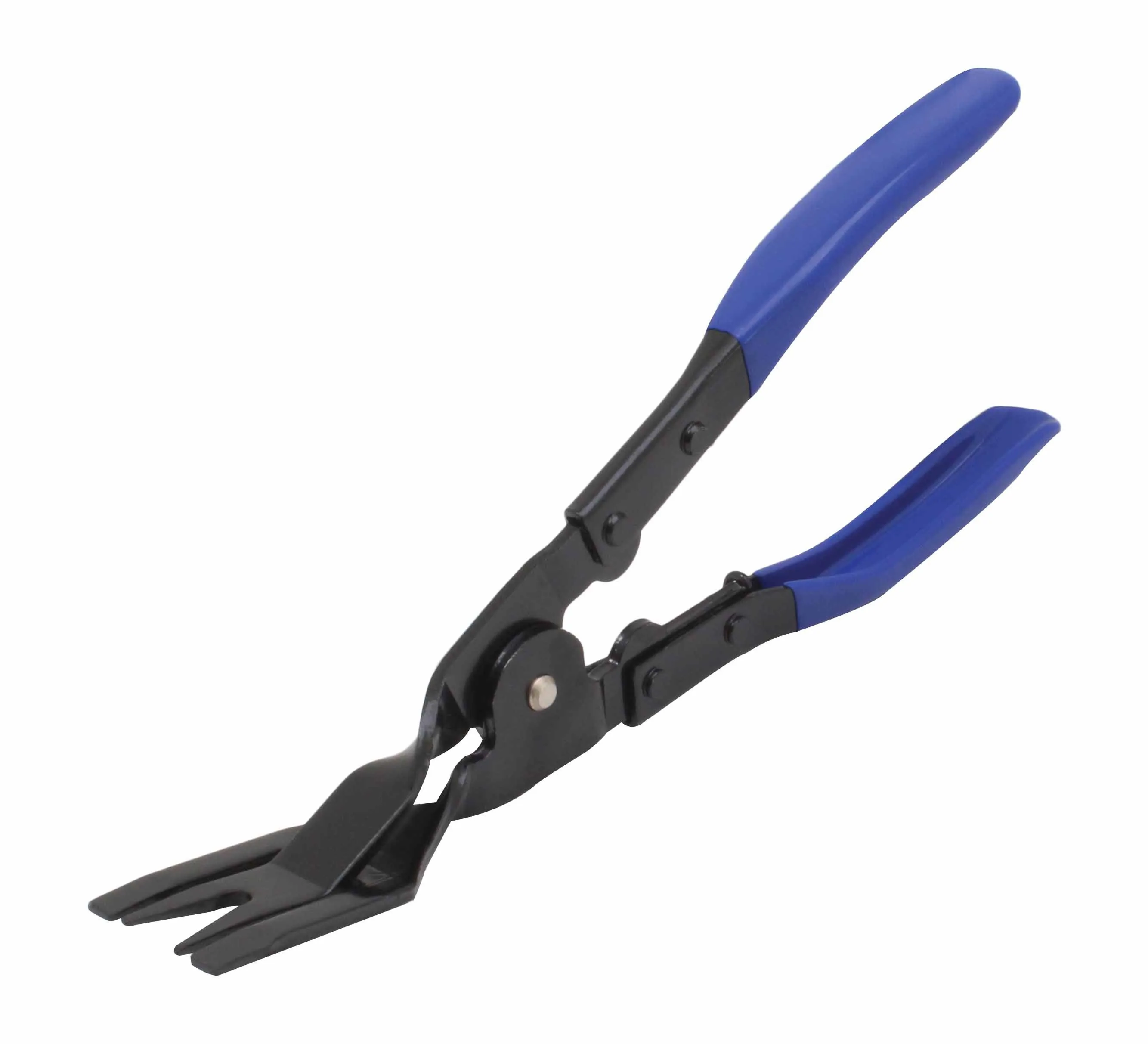 Angled side view of clip removal pliers with open forked jaws and blue handles.