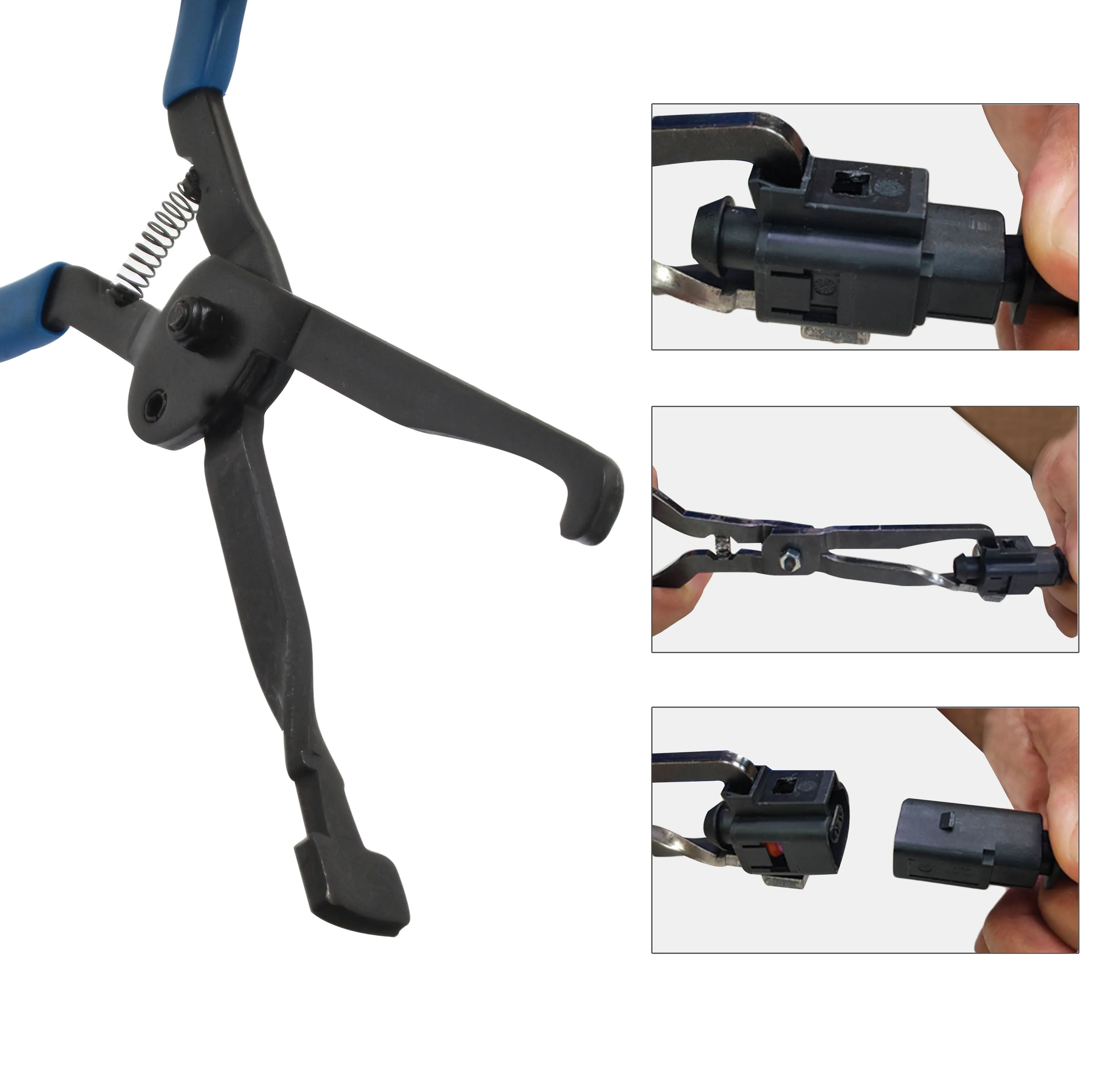 Collage demonstrating pliers removing an electrical connector