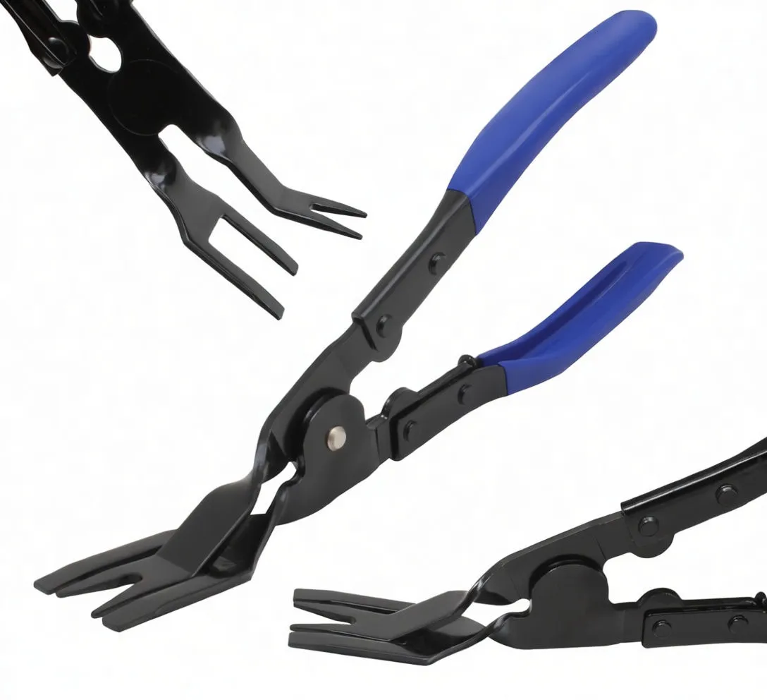 Multiple-angle views of clip removal pliers emphasizing forked jaws, pivot and blue grips.