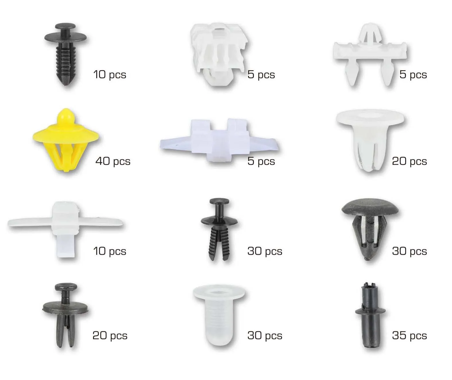 Diagram of 12 clip illustrations with quantity labels (e.g., 10 pcs, 5 pcs, 40 pcs, 35 pcs)