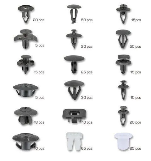 Grid of individual clip photos with quantity labels showing the types and counts of trim fasteners in the assortment