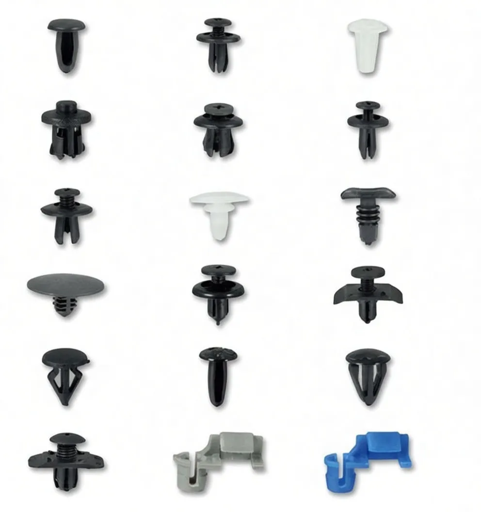 Reference chart with drawings of different trim clip types and printed piece counts (e.g., 50 pcs, 20 pcs, 25 pcs) for each