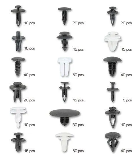 Parts-reference sheet with images of each plastic fastener type and quantity labels (eg. 10 pcs, 20 pcs, 50 pcs) for the assortment kit.