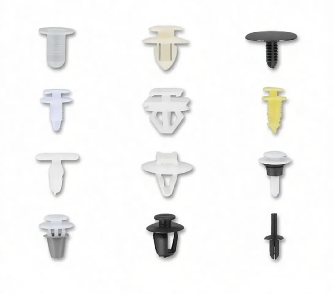 Grid of twelve illustrated trim clip types with piece counts (e.g., 30 pcs, 35 pcs, 15 pcs, 50 pcs)