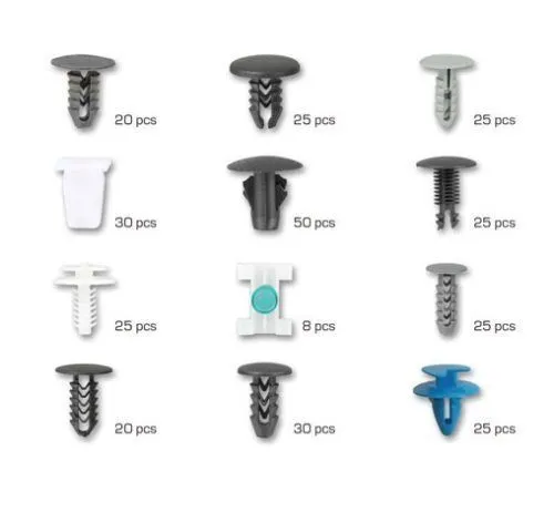 Grid diagram of twelve different plastic trim clip types with small photos and quantity labels (pcs) for each type.