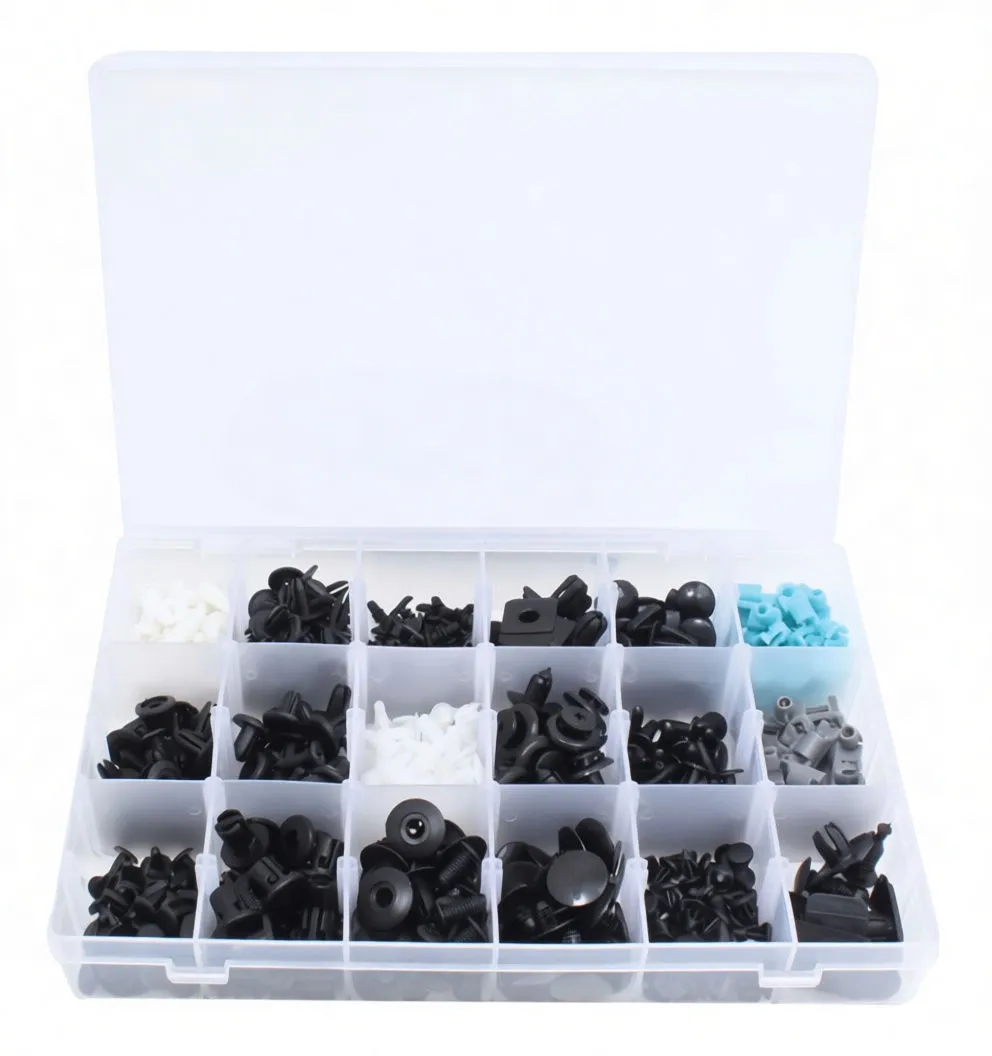 Top-down view of clear compartment box filled with sorted automotive trim clips of different shapes and colors