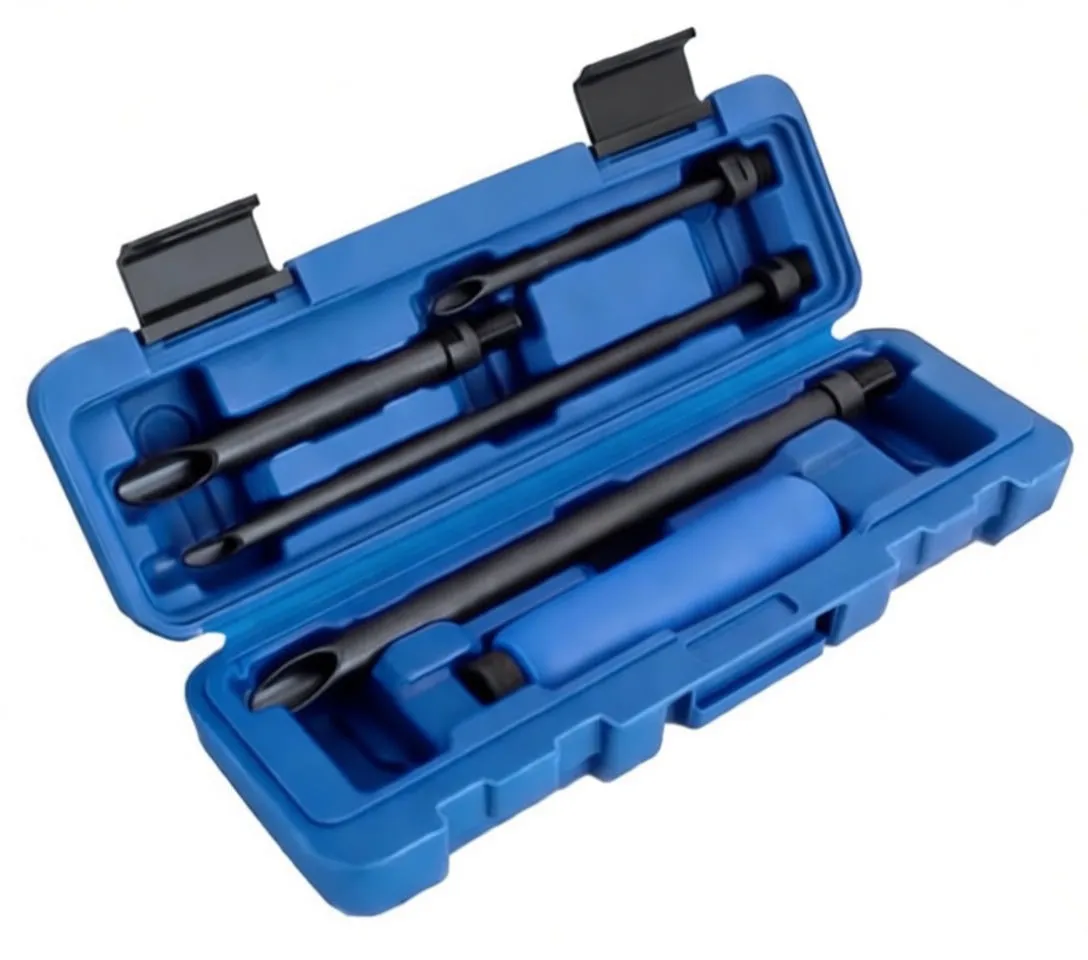 Handle and four black metal insertion rods laid out, showing hollow tips and threaded ends