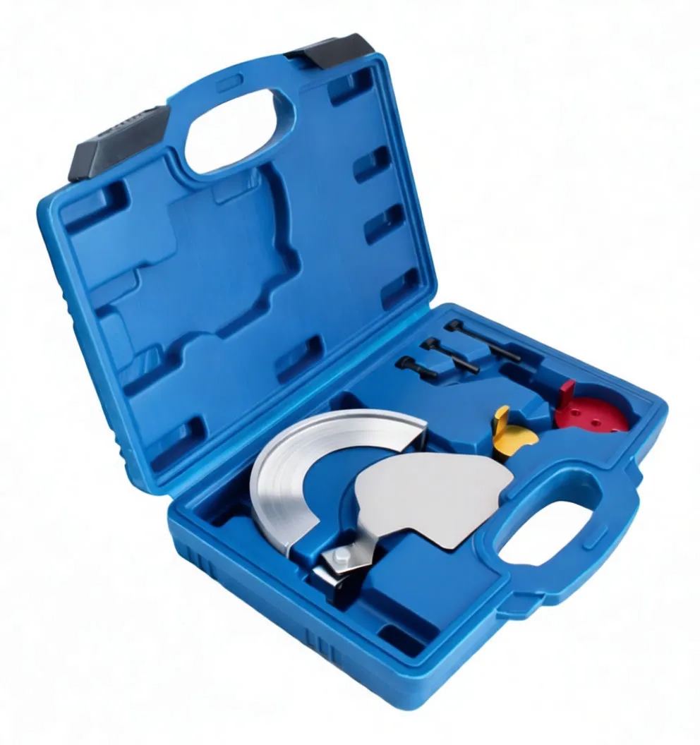 Angled shot of blue tool case with semicircular metal part, perforated plate, colored adapters and black bolts