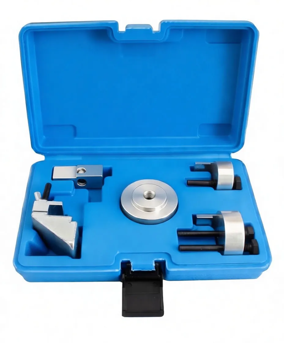 Angled view of blue tool case with auxiliary belt removal components: two U-shaped pullers, round adapter plate, L-shaped and wedge clamps, and yellow instruction label in the lid.