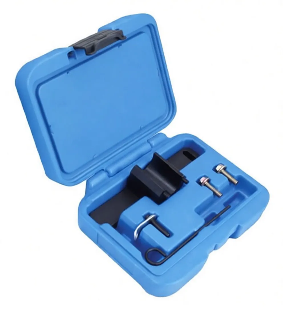 Angled view of blue case open to show black alignment fixture with curved cup, two bolts and pin tools for BMW N20/N26 balance shaft and oil pump alignment.