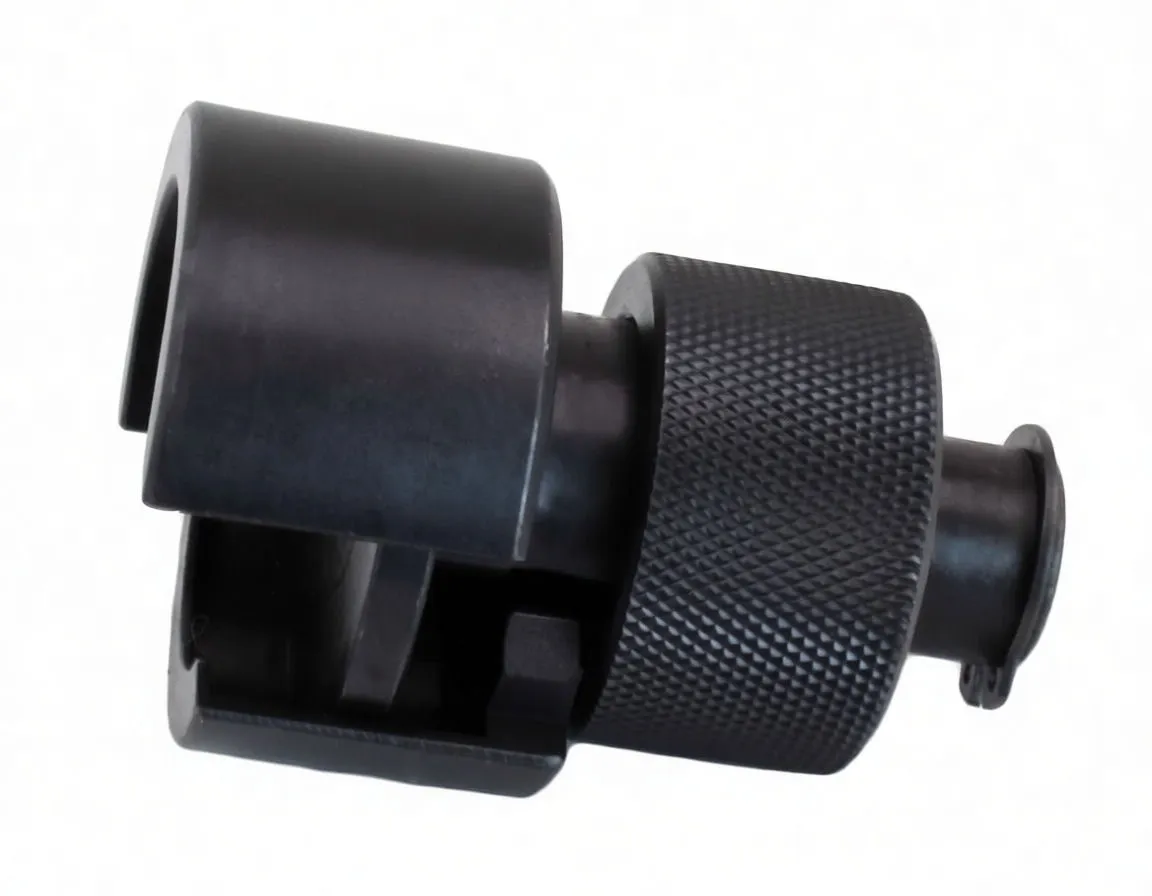 Side view of black metal balance shaft puller showing knurled grip, outer branded cup with cutouts and a central plunger with retaining lip
