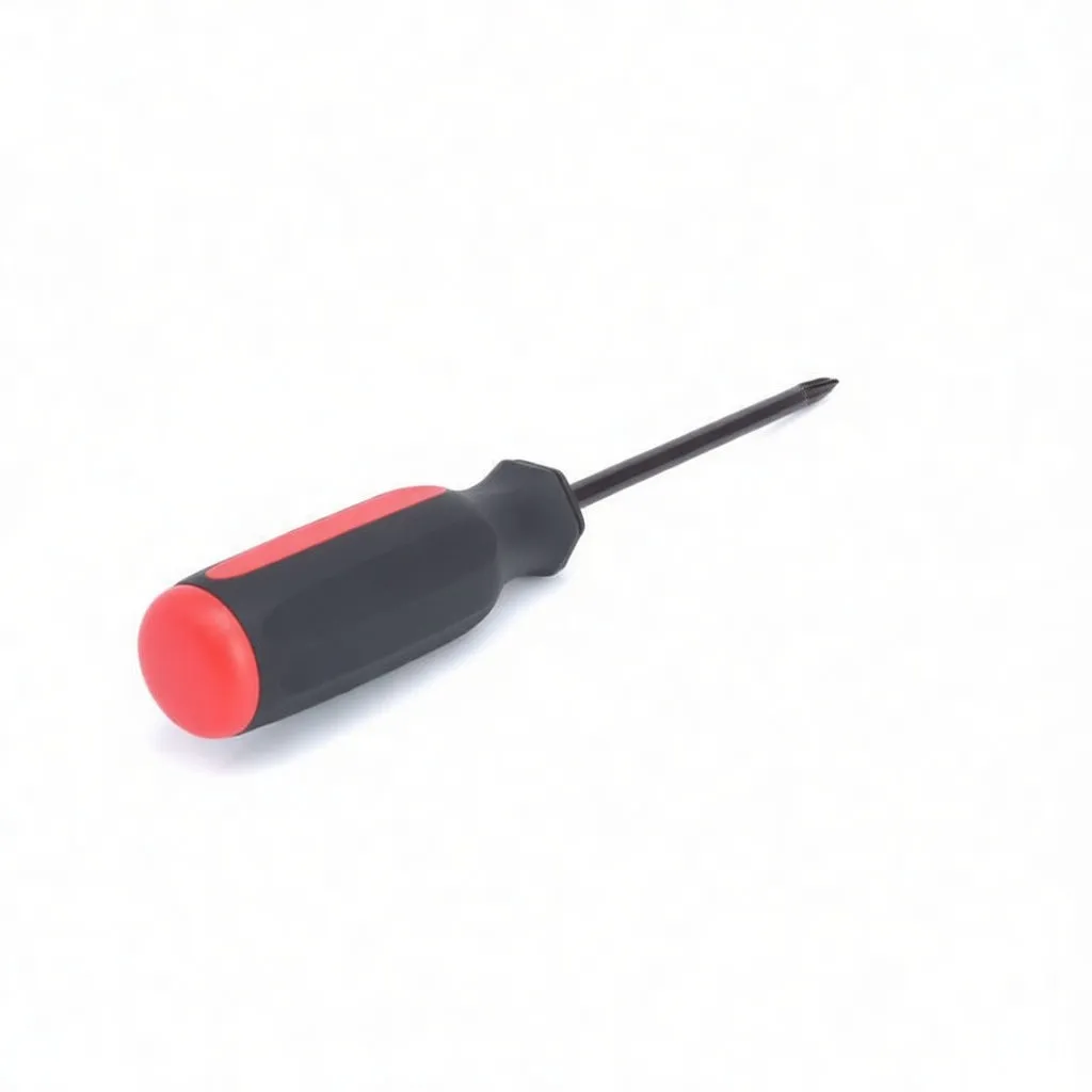 Screwdriver handle close-up showing red butt cap stamped '4.0', black grip and long dark hex shaft