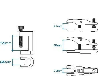 Technical line drawing of the ball joint extractor with dimension labels (55 mm height, 24 mm fork opening, 21 mm and 58 mm jaw widths, 20 mm thickness).