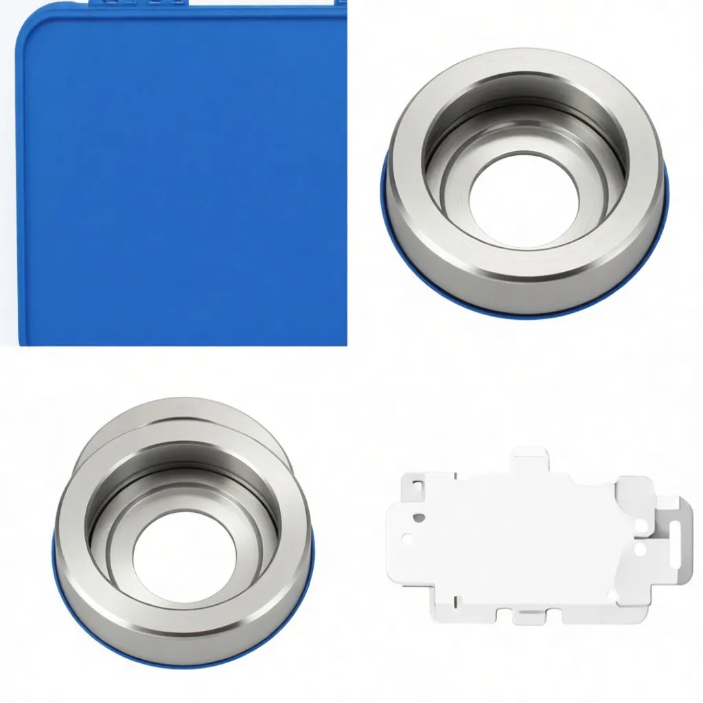 Angled view of blue case with pin press frame, black threaded screw and a line of machined adapter cups and rings