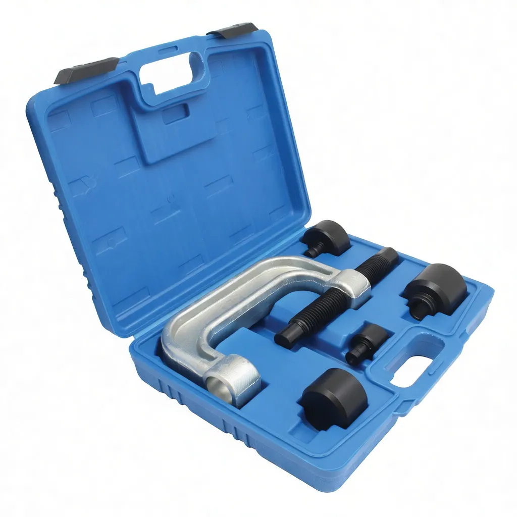 Angled shot of blue case showing silver C-frame, threaded screw and four black adaptor cups with 'satra' logo