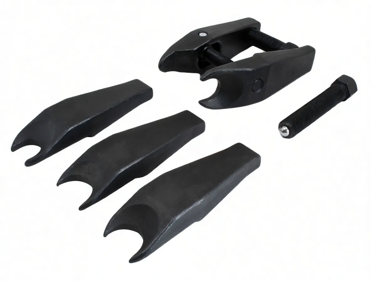 Ball joint puller yoke, threaded screw and three forked jaws on white