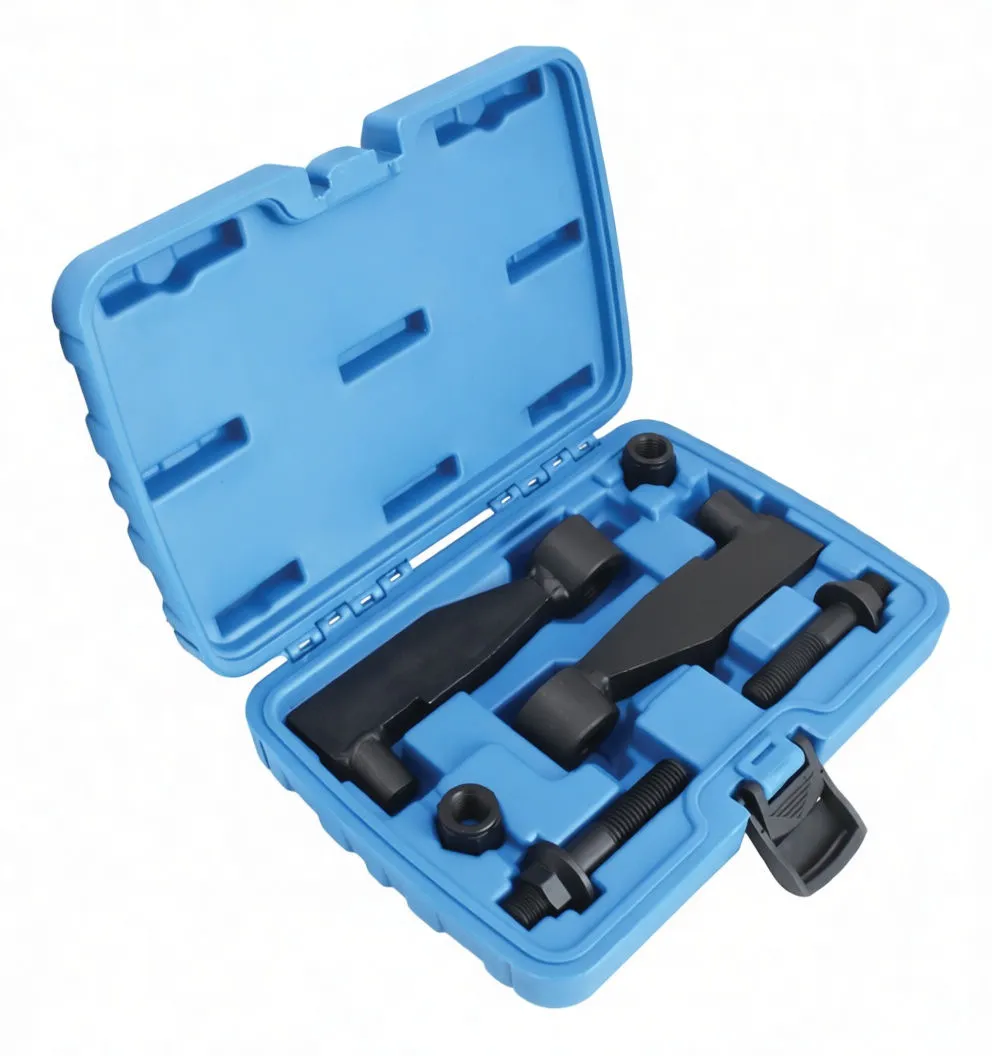 Angled perspective of blue case showing black separator arms, bolts and nuts with printed logo