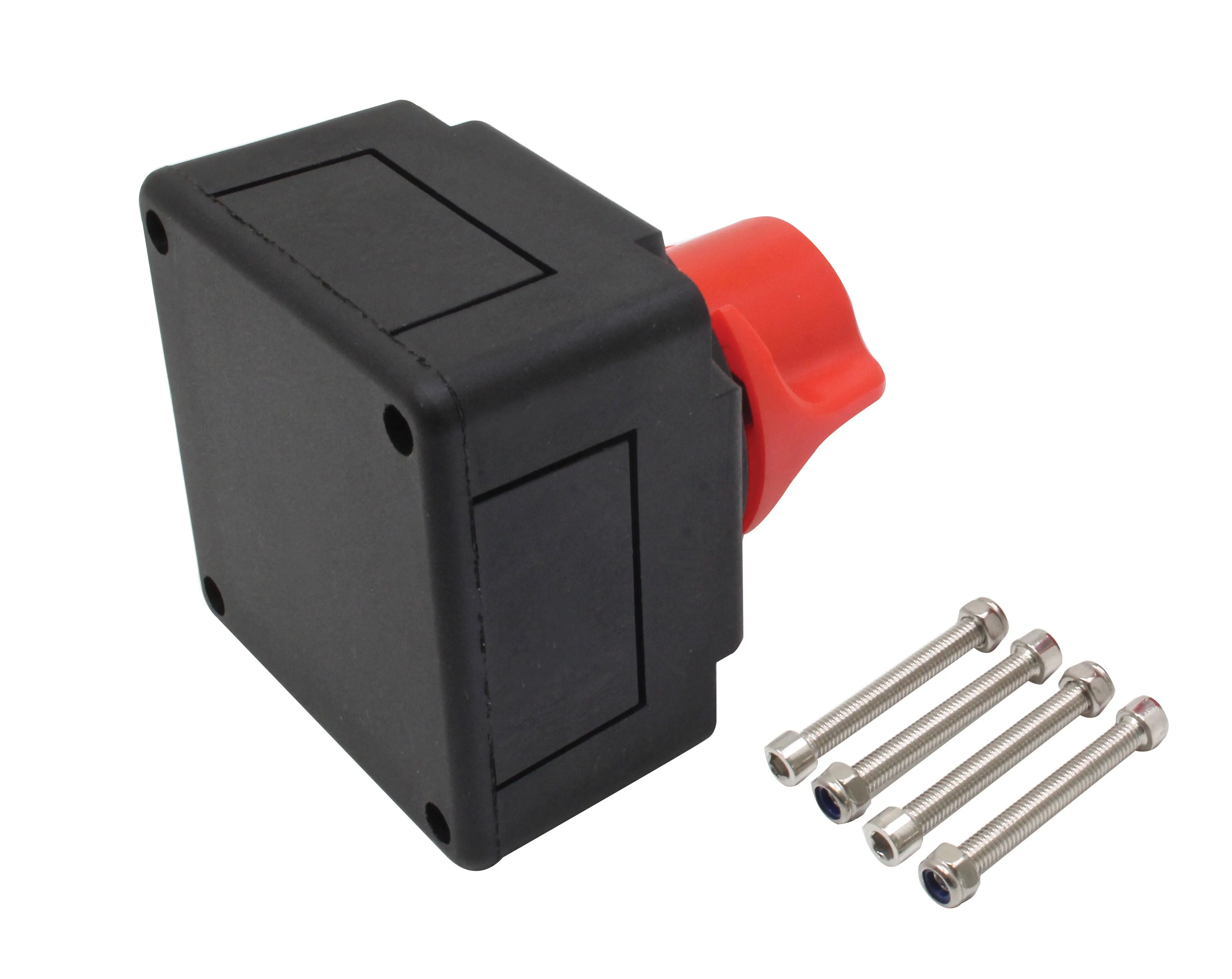 Side/rear view of black circuit breaker housing with red knob in profile and four bolts beside it.