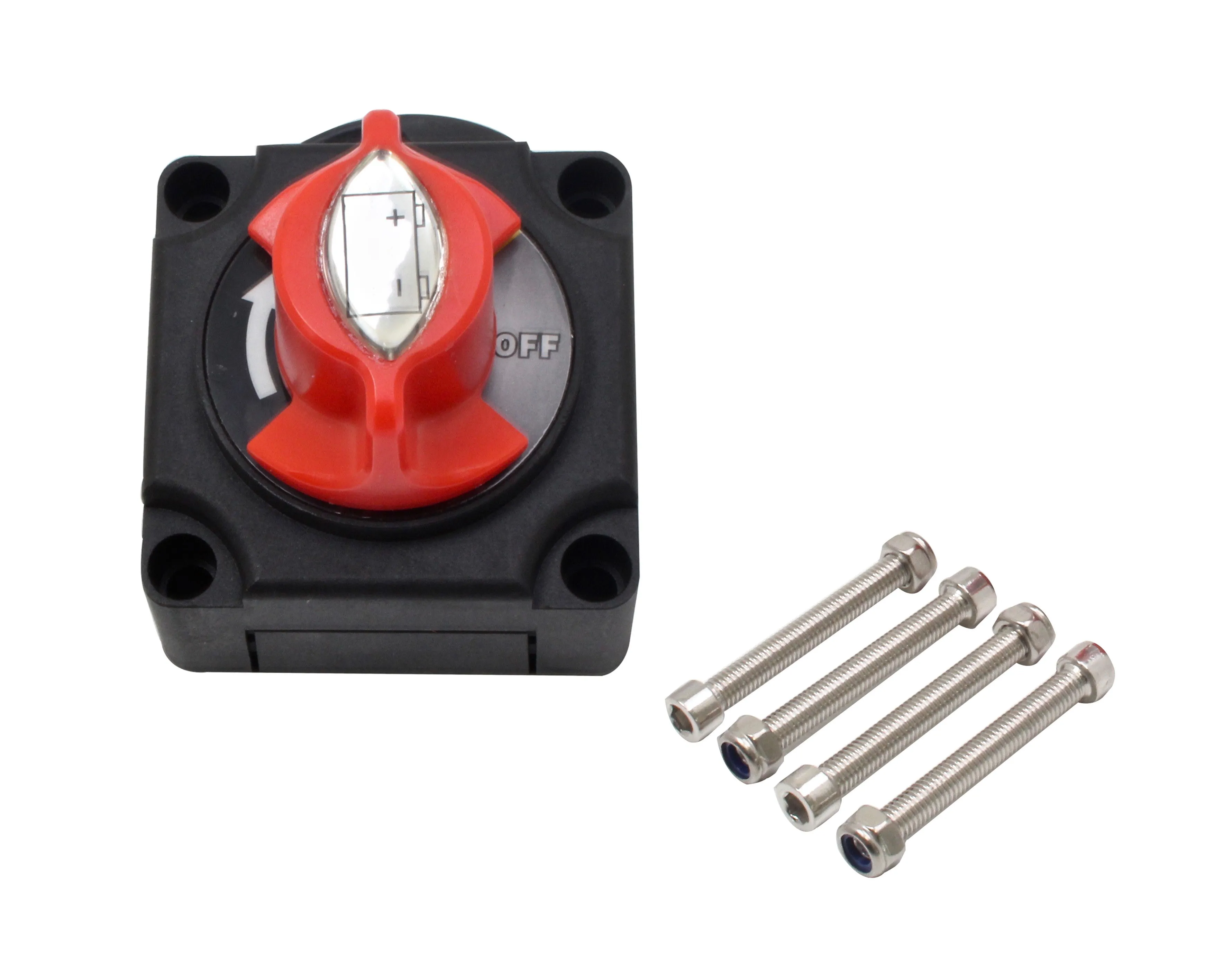 Top view of battery circuit breaker with red knob, plus/minus markings, 'OFF' text and four bolts.