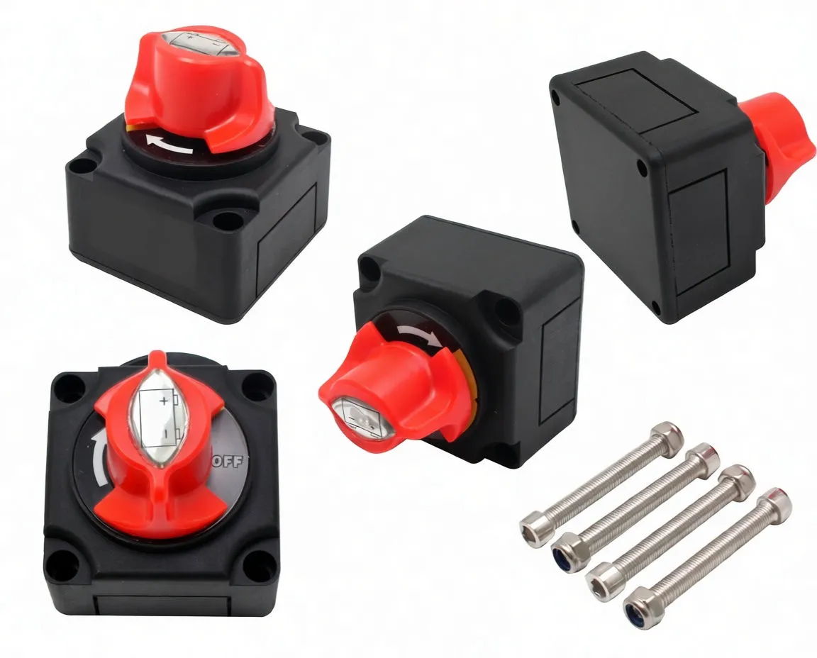 Multiple-angle product shots of a 48-60V battery circuit breaker with red knob and four bolts.