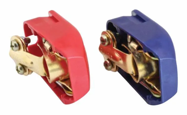 Angled rear side view of two battery clamps in red and blue showing pivot screws, clamp jaws and internal spring hardware