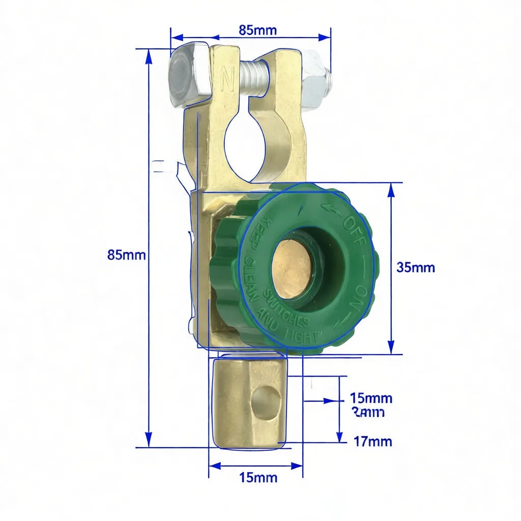 Technical drawing with dimensional measurements for the battery terminal master switch (85mm overall, 35mm knob)