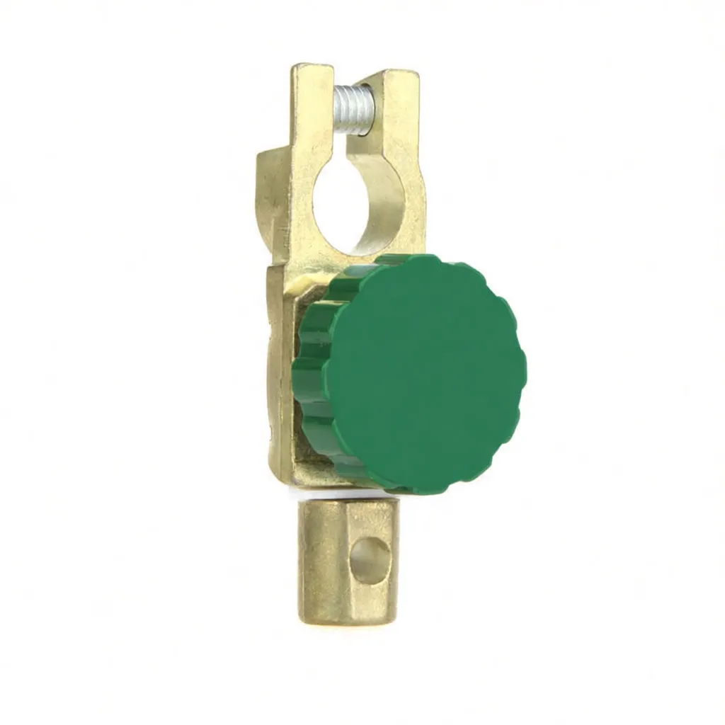 Side angle of battery terminal master switch showing green knob profile and brass lug with mounting hole