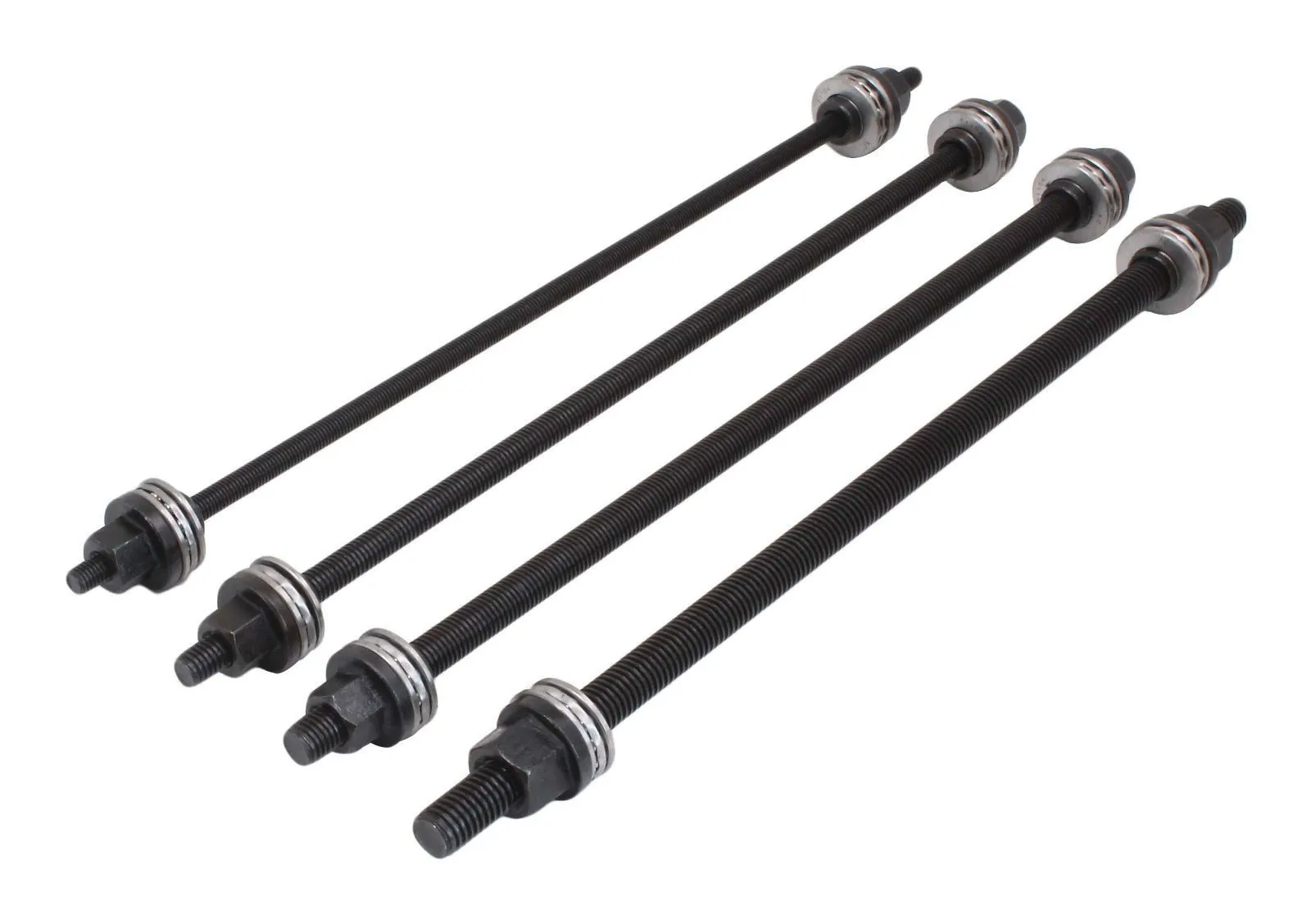 Four long black threaded rods with nuts and silver spacers laid out on white