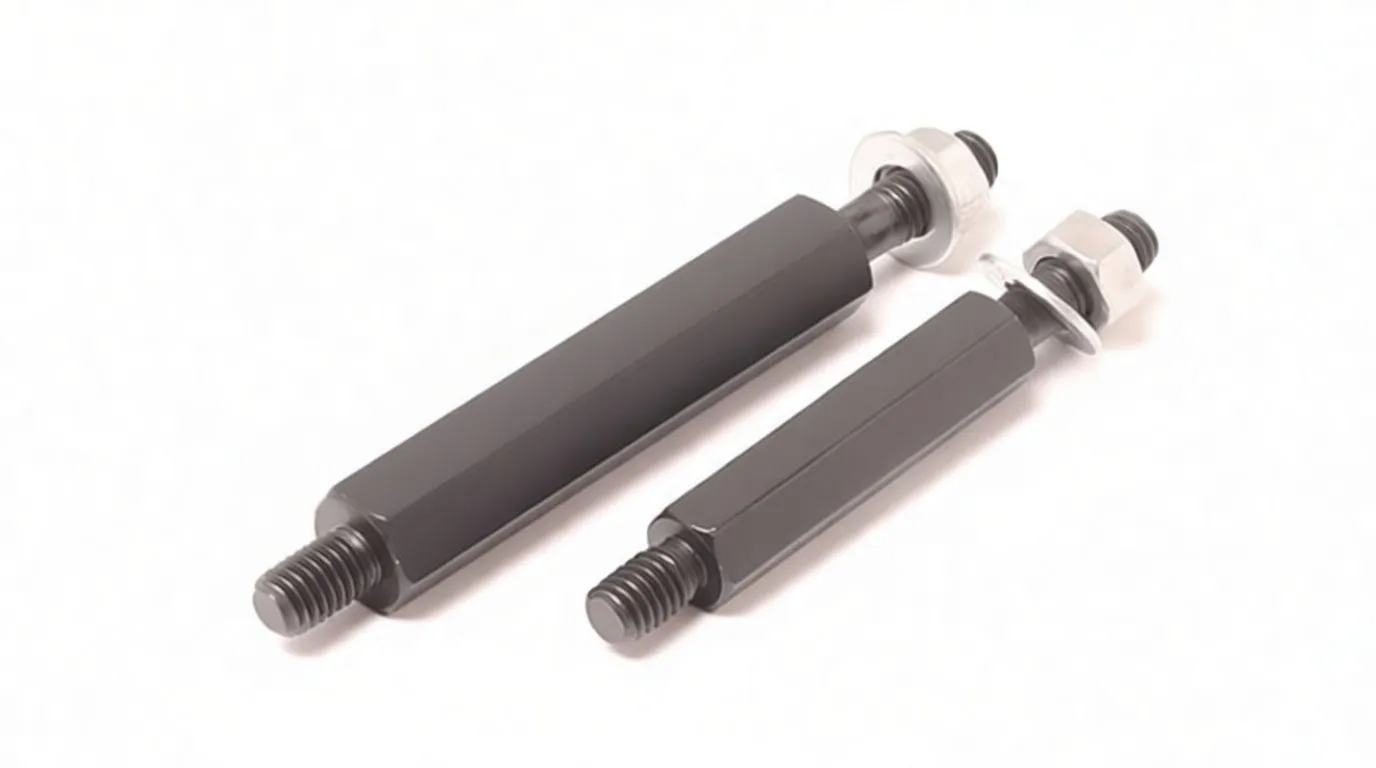 Two black hexagonal threaded extension rods of different lengths with nuts and washers, each marked with an 'S'