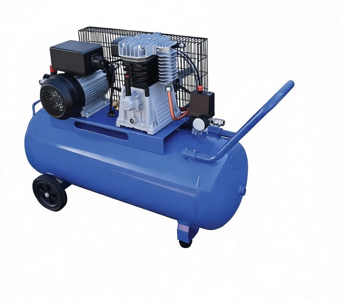 Angled view of 100L blue air compressor with inset showing brass ball drain valve with red/orange lever; motor, pump and regulator visible.